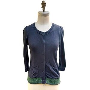 Anthropologie Fiet Voor 2 navy blue snap front cardigan with 3/4 sleeves. Sz Med